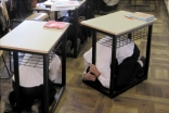 Students at a school in Kyrgyzstan take cover under their desks during the AKDN ShakeOut earthquake drill.