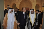 Mawlana Hazar Imam arrives with His Highness Sheikh Nahyan bin Mubarak Al Nahyan (left) and His Highness Sheikh Ahmed bin Saeed Al Maktoum for the Opening Ceremony of the Ismaili Centre, Dubai.