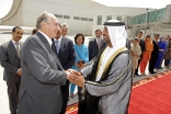 His Highness Sheikh Ahmed bin Saeed Al Maktoum bids farewell to Mawlana Hazar Imam at the Royal Terminal of Dubai International Airport, as members of the Jamati leadership look on. 