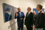 Prince Hussain presents a photograph to Mawlana Hazar Imam and President Marcelo Rebelo de Sousa at The Living Sea photo exhibition in Lisbon.