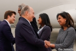 Mawlana Hazar Imam is greeted by President of the Ismaili Council for Edmonton, Zahra Somani, upon arriving in Edmonton for the inauguration of the Aga Khan Garden, accompanied by Prince Aly Muhammad.