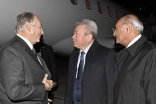 Mawlana Hazar Imam is received by Minister Kanat Sadykov and AKDN Representative Shamsh Kassim-Lakha upon his arrival in Bishkek. AKDN / Gary Otte