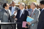 Mawlana Hazar Imam and Prince Amyn review plans for the future home of the Global Centre for Pluralism with Bruce Kuwabara of KPMB Architects, Ismaili Council for Canada President Malik Talib and Farhad Mawani of Imara. Moez Visram