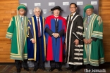 AKU President Firoz Rasul, SFU President and Vice-Chancellor Andrew Petter, Mawlana Hazar Imam, UBC President and Vice-Chancellor Santa Ono, and University of Central Asia Board of Trustees Chairman Shams Kassim-Lakha pose for a ceremonial picture.