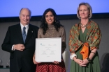 Waidehi Gokhale with Mawlana Hazar Imam and Meredith Preston McGhie, Secretary-General of the Global Centre for Pluralism (GCP), shown here receiving a 2019 Honorable Mention at the Global Pluralism Awards.