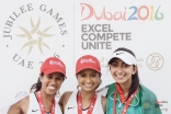 Myra Ladkawala (right) stands with fellow athletes Saira Babul (center) and Safia Ladha (left) at the 2016 Jubilee Games. JG/Farhez Rayani