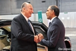 Upon arriving to meet the Jamat, Mawlana Hazar Imam is welcomed by Ismaili Council for France President Shamir Samdjee.