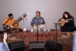 Sandeep Das jamming with Rajib Karmakar playing the sarangi and Kenan Adnawi, an oud virtuoso. In this collaboration, he brings together the intoxicating raga music of India with the magical maqam music of Arabia.