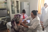 Ismaili health professionals from the US trained doctors in Khorog on heart disease. Here, a doctor checks a patient's blood pressure.