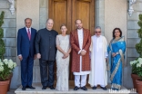 Prince Hussain and Princess Fareen pose for a group photograph with Mawlana Hazar Imam; Vahid Khoshideh, President of the Association Islamique et Culturelle d’Ahl-el-Bayt de Geneve (centre right); Mahmoud Eboo, Chairman of the Leaders’ International Forum; and his wife Karima Eboo.