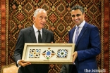 President of the Ismaili Council for Portugal, Rahim Firozali, offers a replica Ismaili Centre tile to the President of the Portuguese Republic Marcelo Rebelo de Sousa. ,