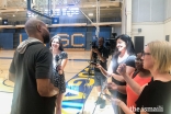 Sabreena Merchant interviewing Sparks head coach and five-time NBA champion with the Lakers, Derek Fisher