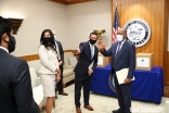 Half a million facemasks donated to the City of Houston by the Ismaili Council for the Southwestern US and FOCUS USA. From right: Mayor Sylvester Turner, City of Houston; Murad Ajani, President, Council for the Southwestern US;  Shenila Momin, Chairperson, Focus Humanitarian Assistance USA, and Alim Adatia, Member for Communication and Publications, Council for Southwestern US.