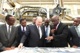 Mawlana Hazar Imam, together with leaders from the Nation Media Group, reviews the quality of the newspaper product produced by the new press. Aly Z. Ramji