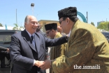 Mawlana Hazar Imam is received by Mukhisaheb and Kamadiasaheb, upon his arrival at the Aga Khan Diamond Jubilee Hall in Dar es Salaam.