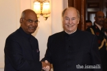 Mawlana Hazar Imam is welcomed by President Shri Ram Nath Kovind upon his arrival at the Presidential Estate in Rajpath, New Delhi.