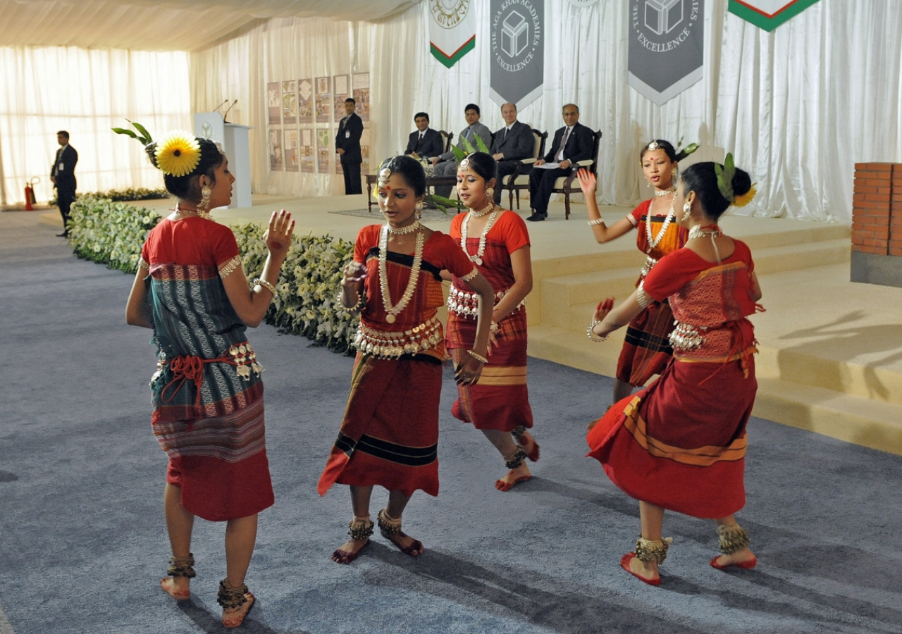 Children from the Aga Khan School in Dhaka perform a traditional dance at the Foundation-Stone Laying ceremony for the new Academy.  