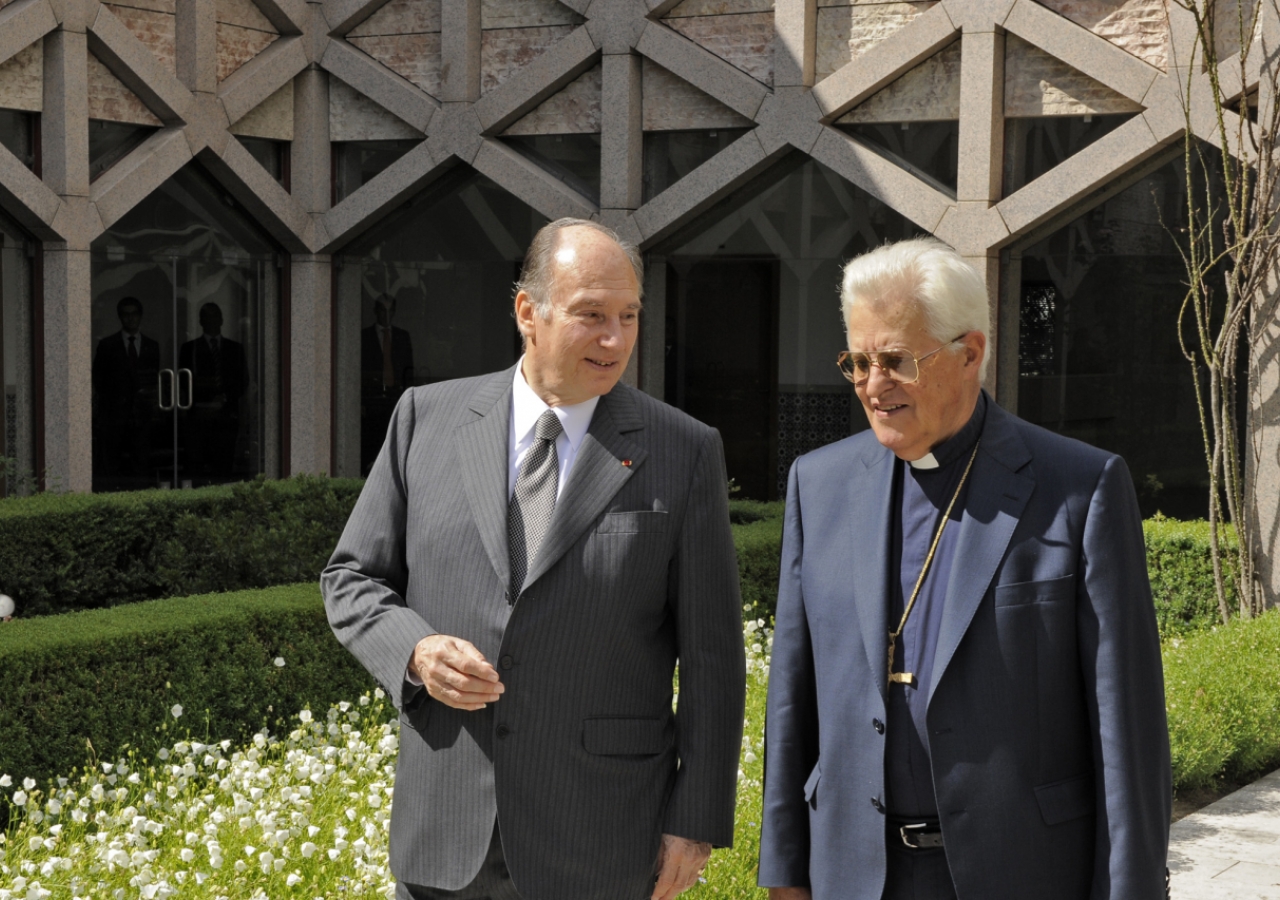 Mawlana Hazar Imam and the Cardinal Patriarch of Lisbon, D. Jos&amp;eacute; Policarpo, walk together through the gardens of the Ismaili Centre in Lisbon. 