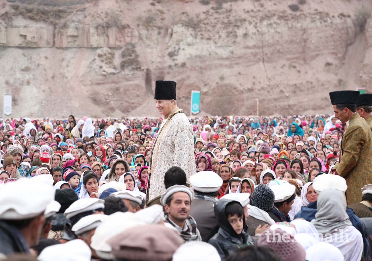 Mawlana Hazar Imam walks through the Jamat during the Darbar at Booni, Upper Chitral