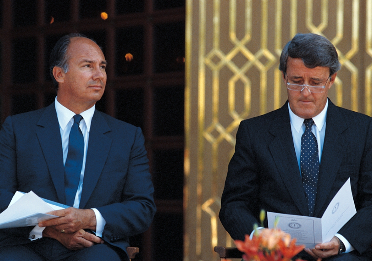 Mawlana Hazar Imam seated together with Prime Minister Brian Mulroney at the opening of the Ismaili Centre, Vancouver.