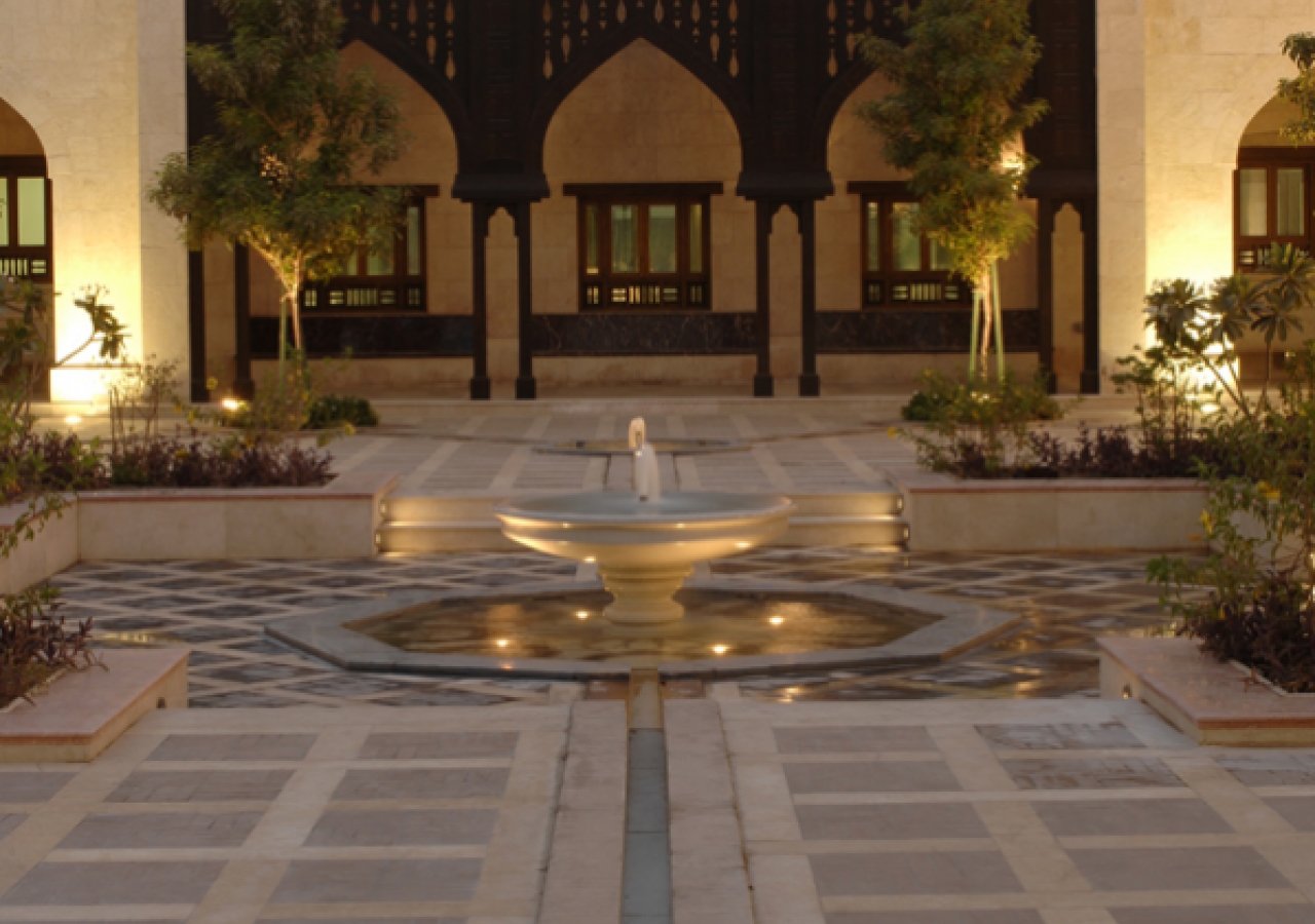 Water courses through channels, inlaid in the Takhtabosh Courtyard.