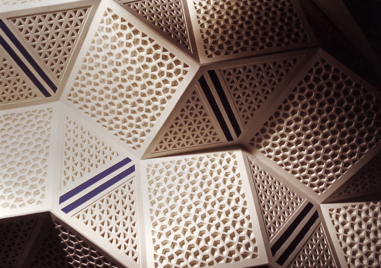 The honey comb ceiling (muqarnas) designed by Karl Schlamminger is a relief seeking design that gives a sense of greater height.