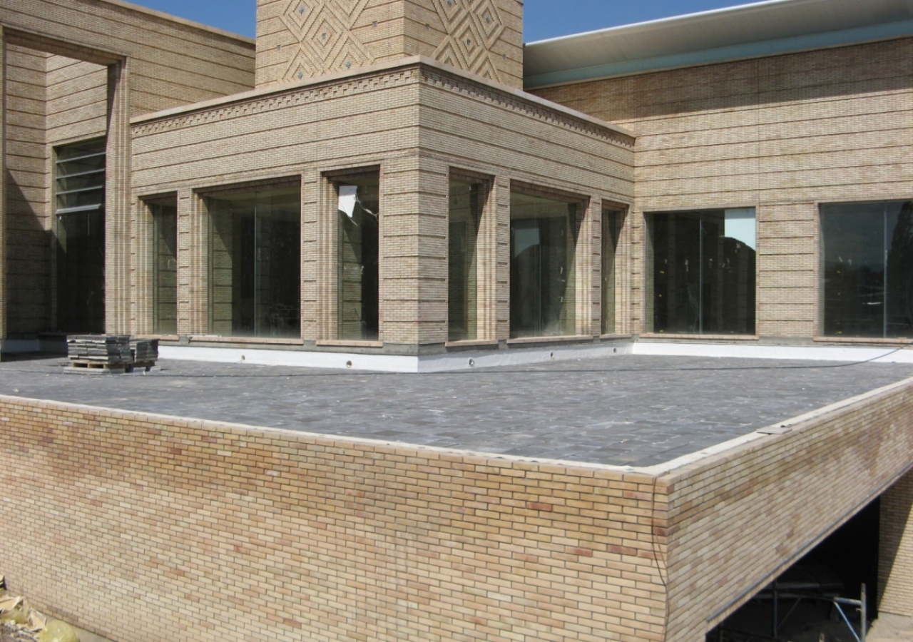 May 2009: A view of the completed water feature outside the ladies shoe removal area.