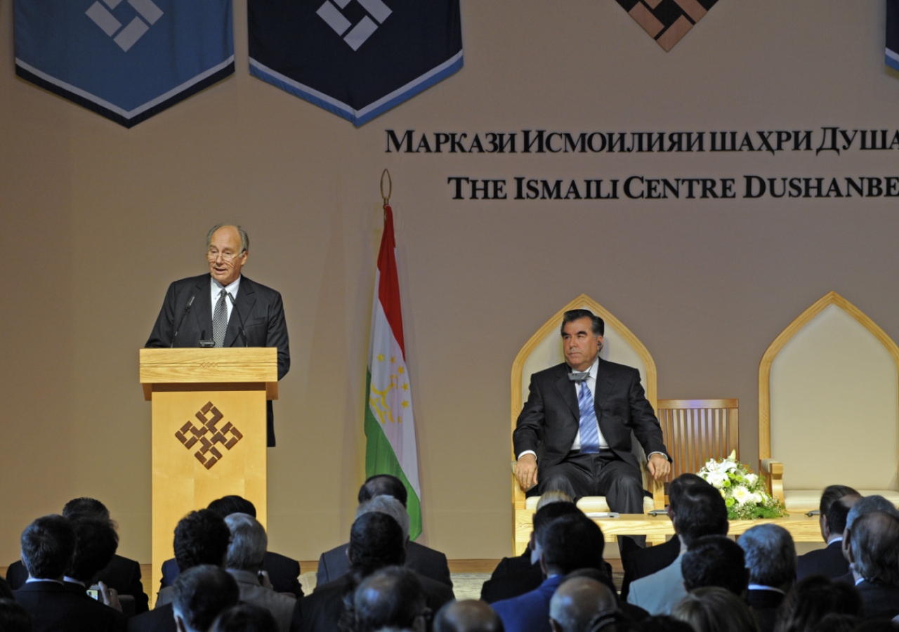 Mawlana Hazar Imam speaks during the Opening Ceremony of the Ismaili Centre, Dushanbe, as President Emomali Rahmon looks on.