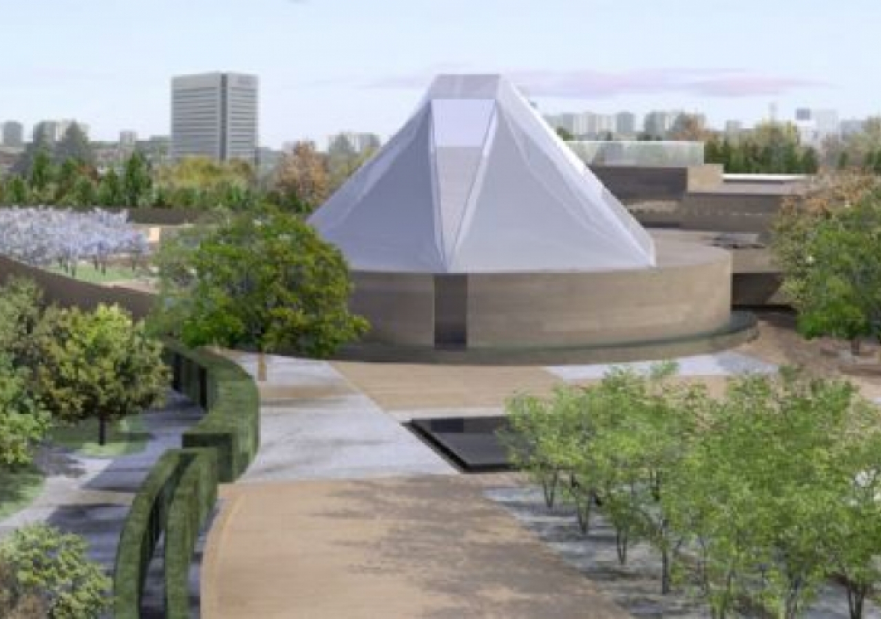 Artist rendering of the Ismaili Centre, Toronto, surrounded by its Park along Wynford Drive.