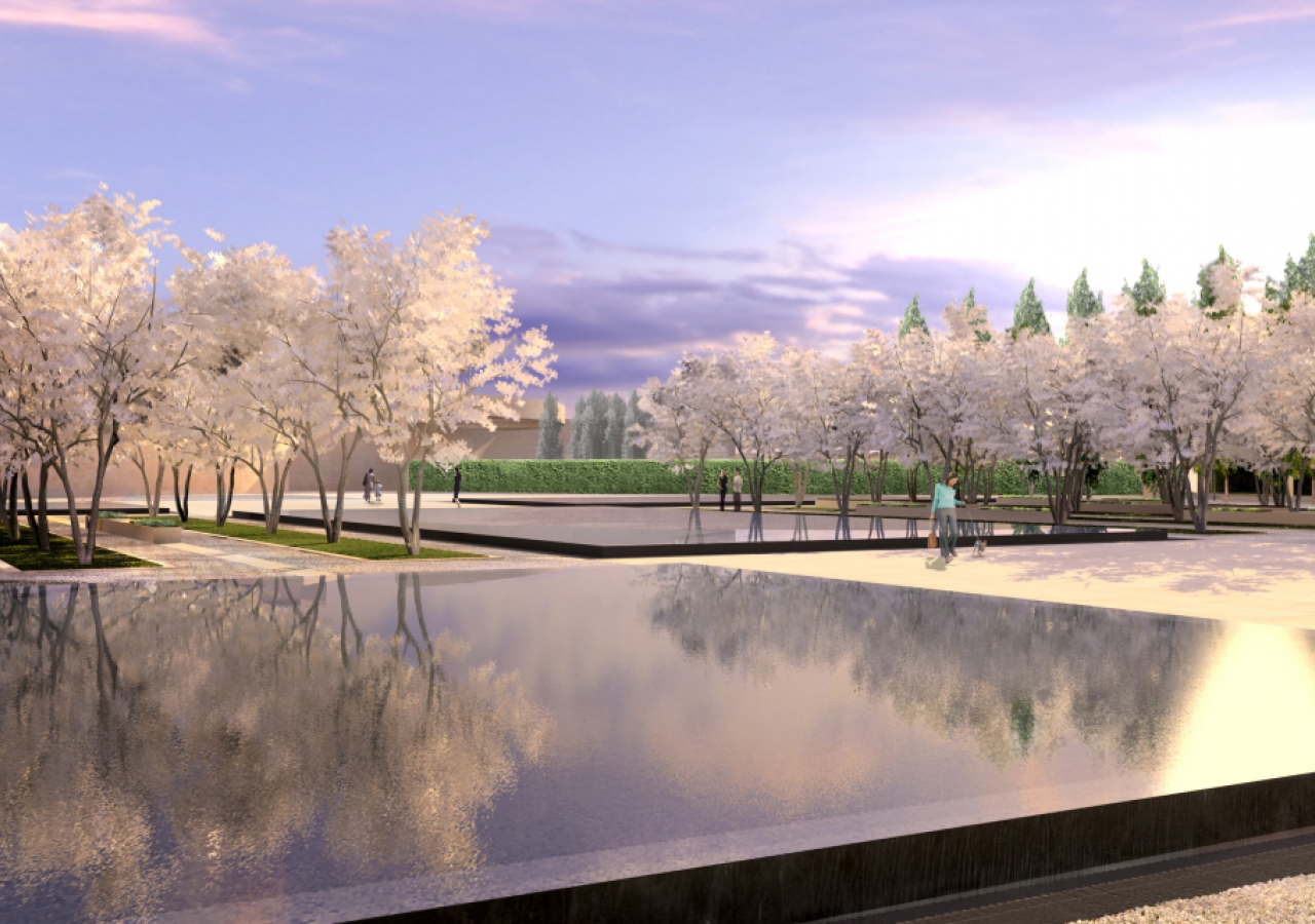 Artist rendering of the formal pools in the Park surrounding the Ismaili Centre, Toronto.