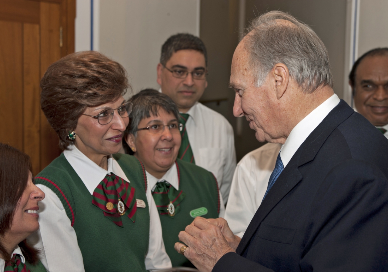 Mawlana Hazar Imam speaking with volunteers at the Ismaili Centre, London on the occasion of Prince Charles&amp;rsquo; visit to commemorate the Centre&amp;rsquo;s 25th anniversary.