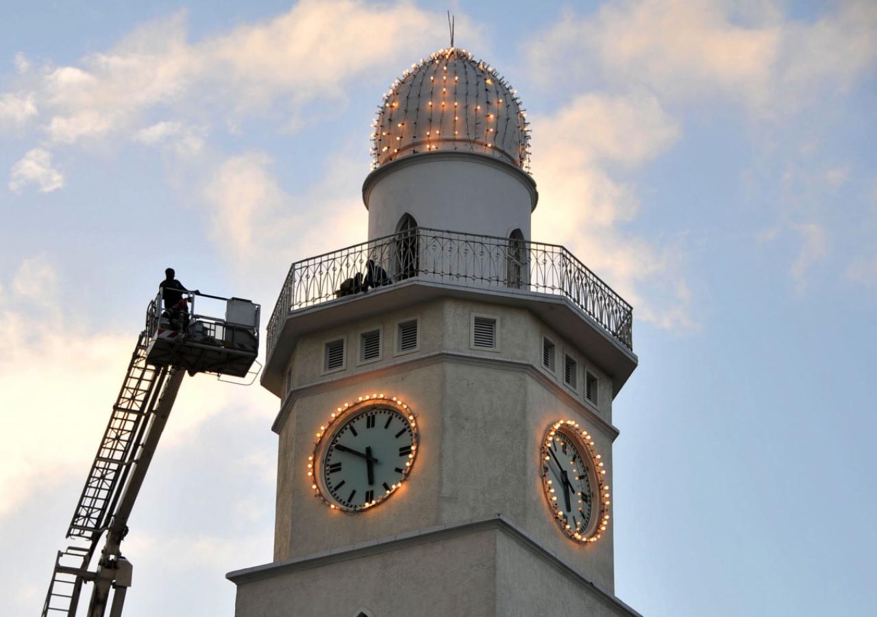 Lights are hung from the clock tower of Upanga Jamatkhana in Dar es Salaam.