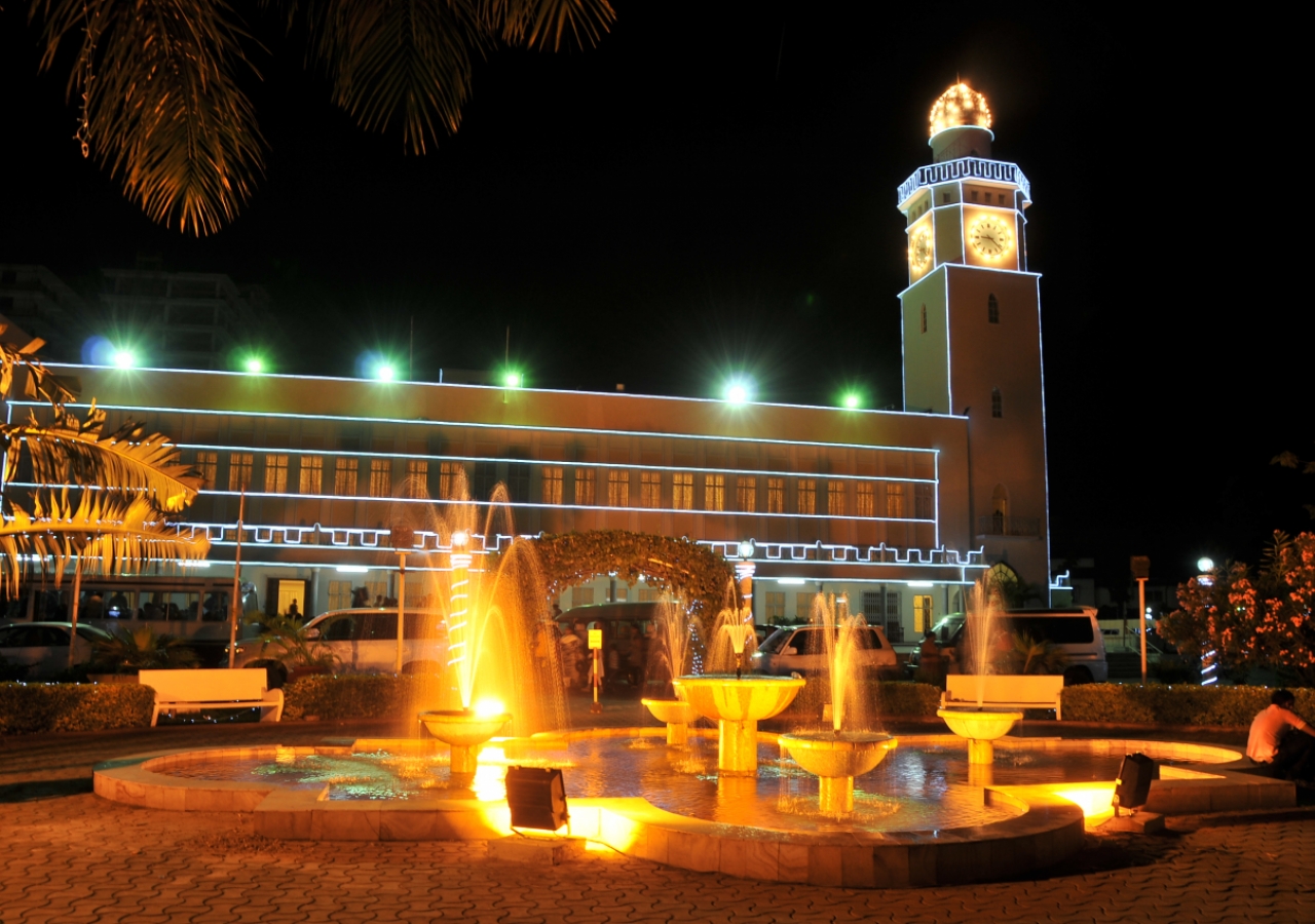 Upanga Jamatkhana in Dar es Salaam is lit up for Mawlana Hazar Imam’s visit.