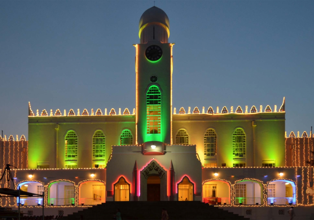 The Kampala Jamatkhana is lit up in celebration of Mawlana Hazar Imam’s 2011 visit to Uganda.