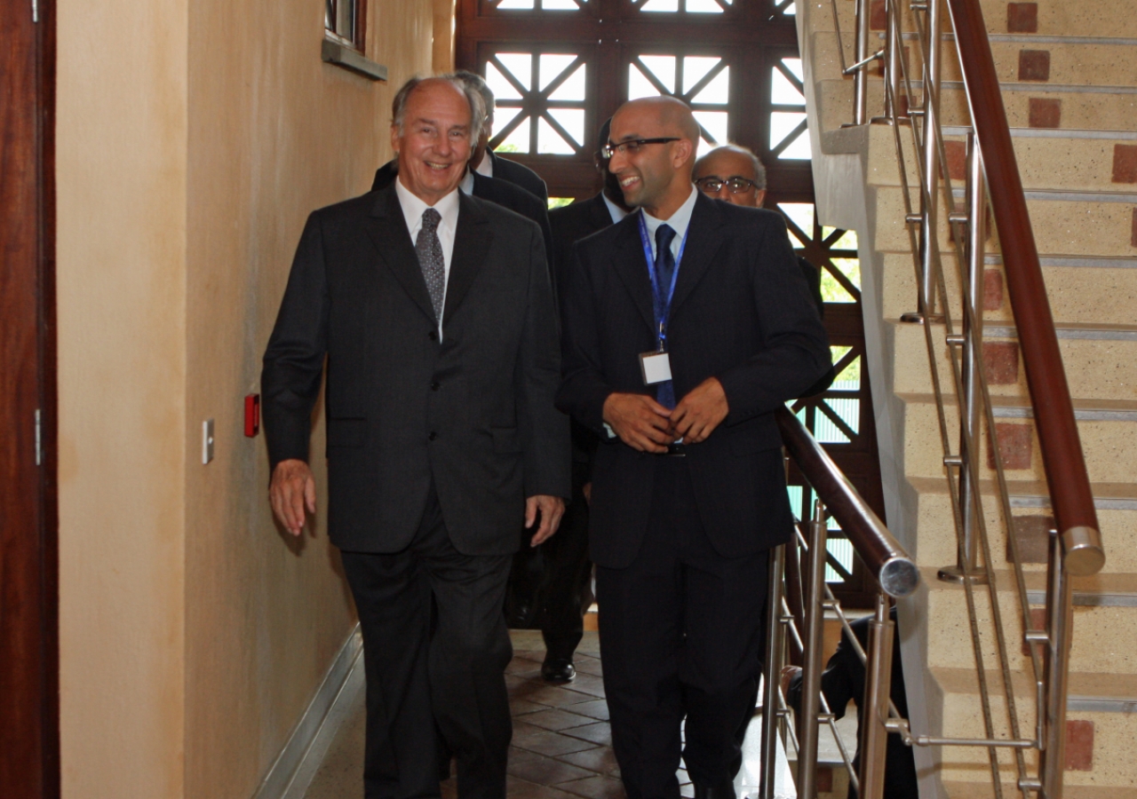 Mawlana Hazar Imam is accompanied by Naheed Bardai, Dean of Students, in a residential building at the Aga Khan Academy, Mombasa.