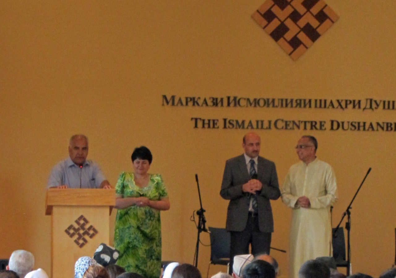 Professor Mamadsho Ilolov, Chairman of the Ismaili Tariqah and Religious Education Committee for Tajikistan, speaks to the Jamat in the presence of Sharofat Mamadambarova, Member of the Ismaili Leaders&amp;rsquo; International Forum; Muzaffar Djorubov, Execut