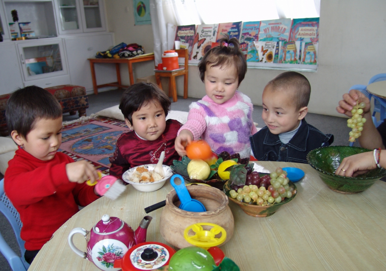 Children play with everyday food items as they learn about the world in which they live, at the National Council Sparks Early Childhood Development Program in Kabul.