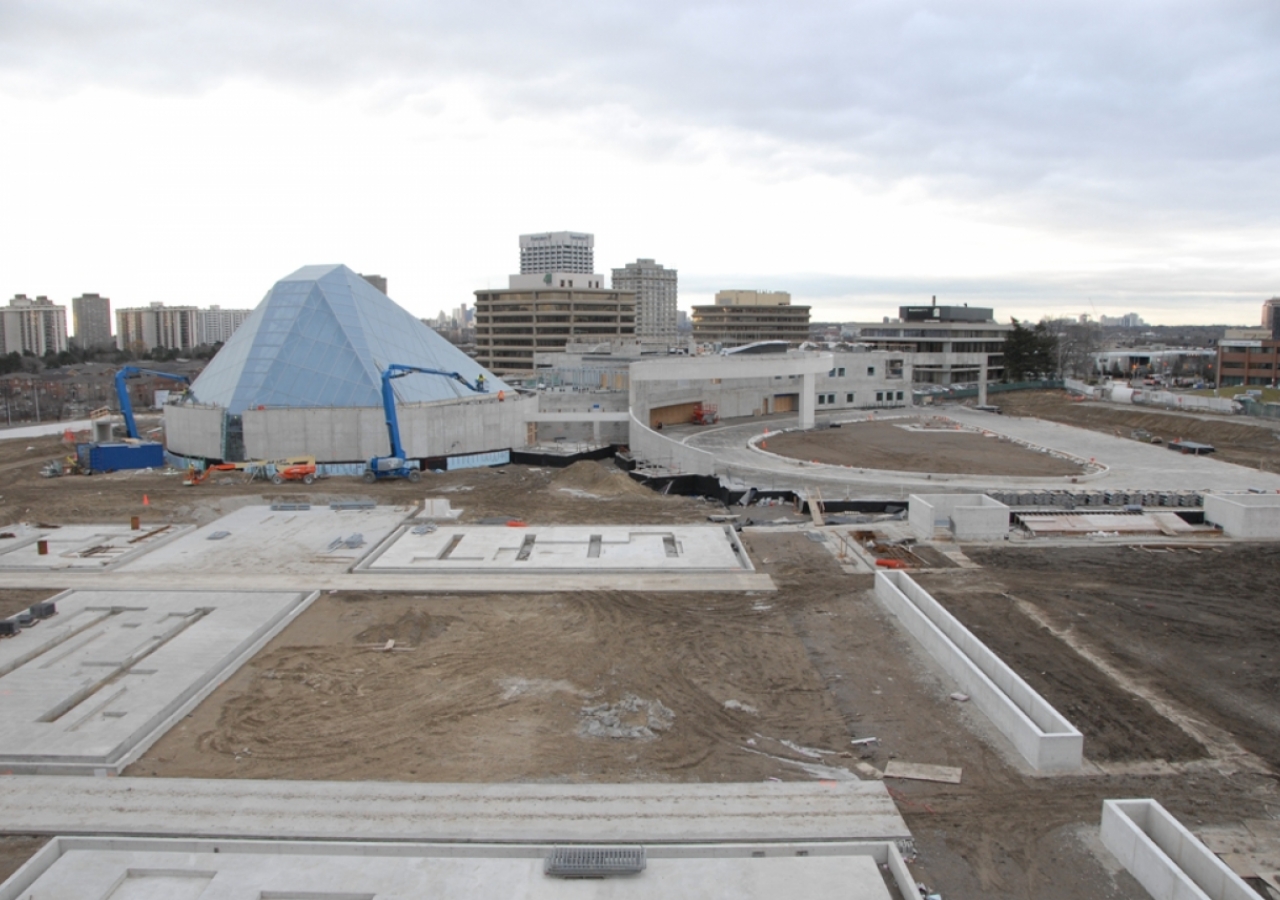 Jan 2012: A view of the Ismaili Centre, Toronto, with concrete structures for the garden water features prominent in the foreground.