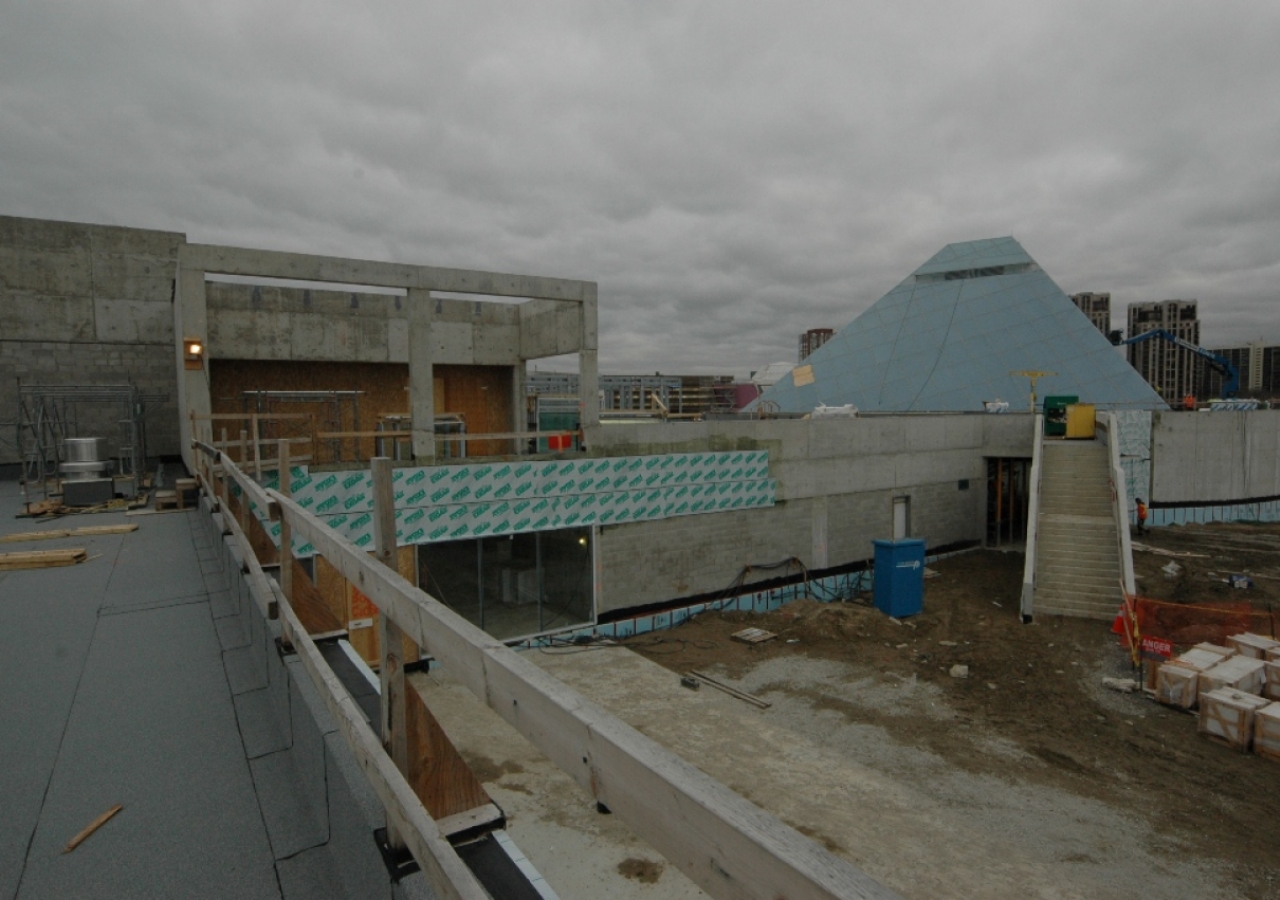 Jan 2012: A view from the roof of the Ismaili Centre social hall, with the staircase leading from the gardens to the roof terrace in the foreground.