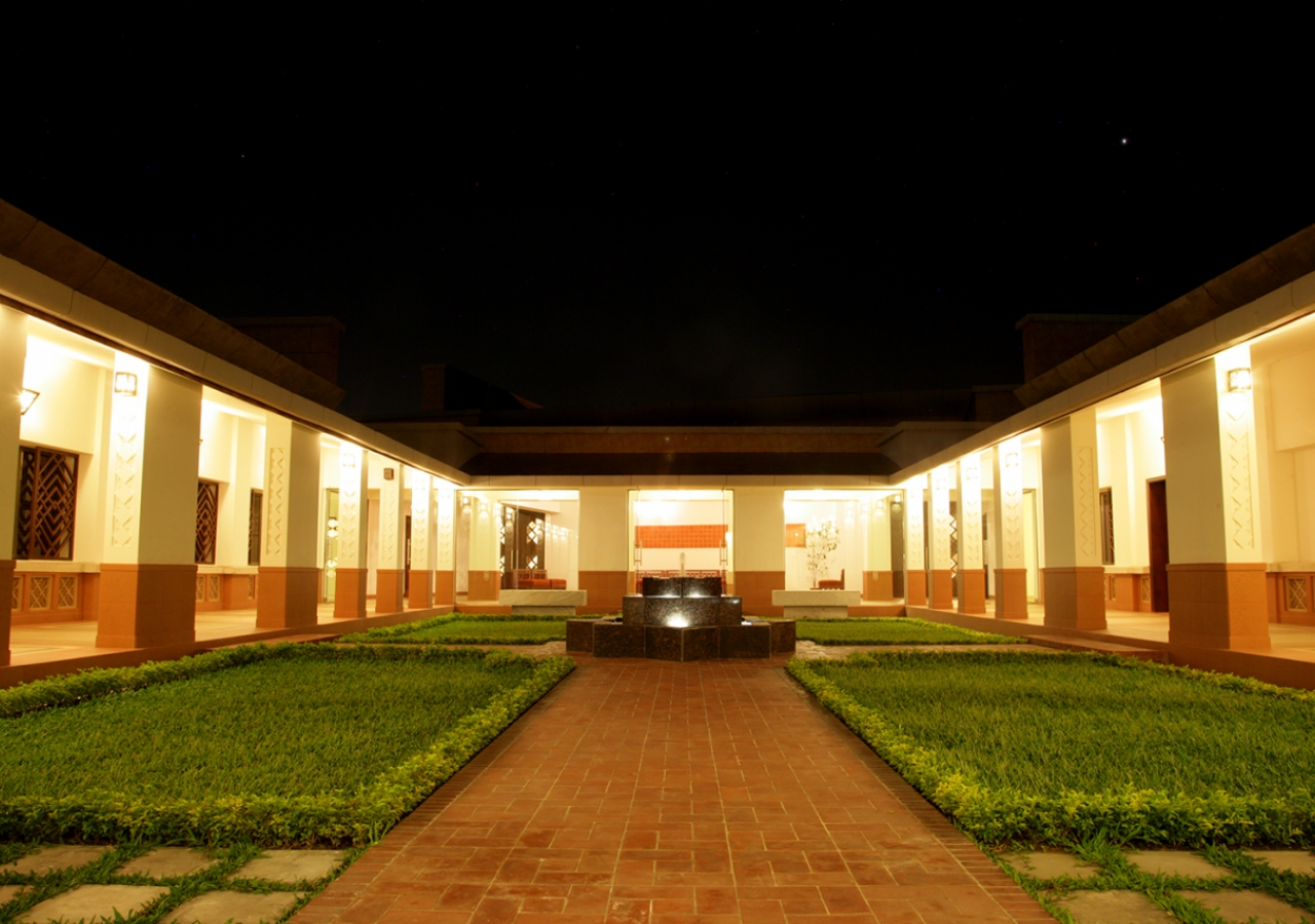 Evening view of the centre courtyard of the Dhaka Ismaili Jamatkhana and Centre.