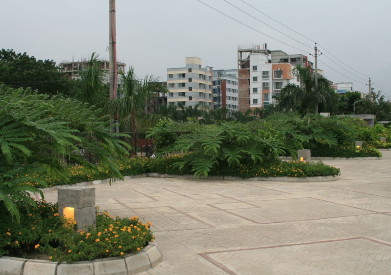 A view of the shrubs and plants at the entrance opposite the main building facade.