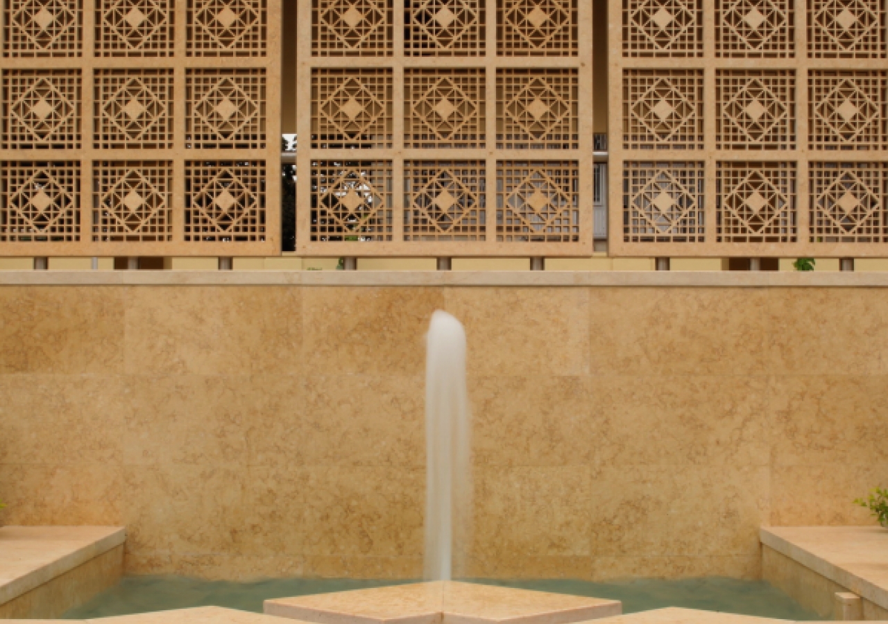 Water trickles from a fountain in the Grand Courtyard of the Ismaili Jamatkhana and Centre, Kinshasa.