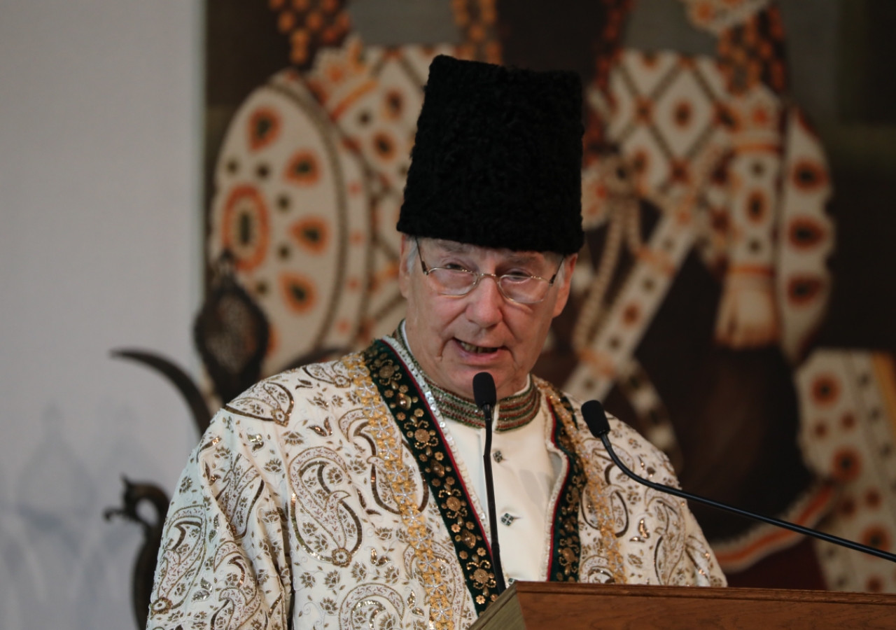 His Highness the Aga Khan addresses senior leaders representing the worldwide Ismaili community on the occasion of his Diamond Jubilee at his Aiglemont residence in Gouvieux, France.