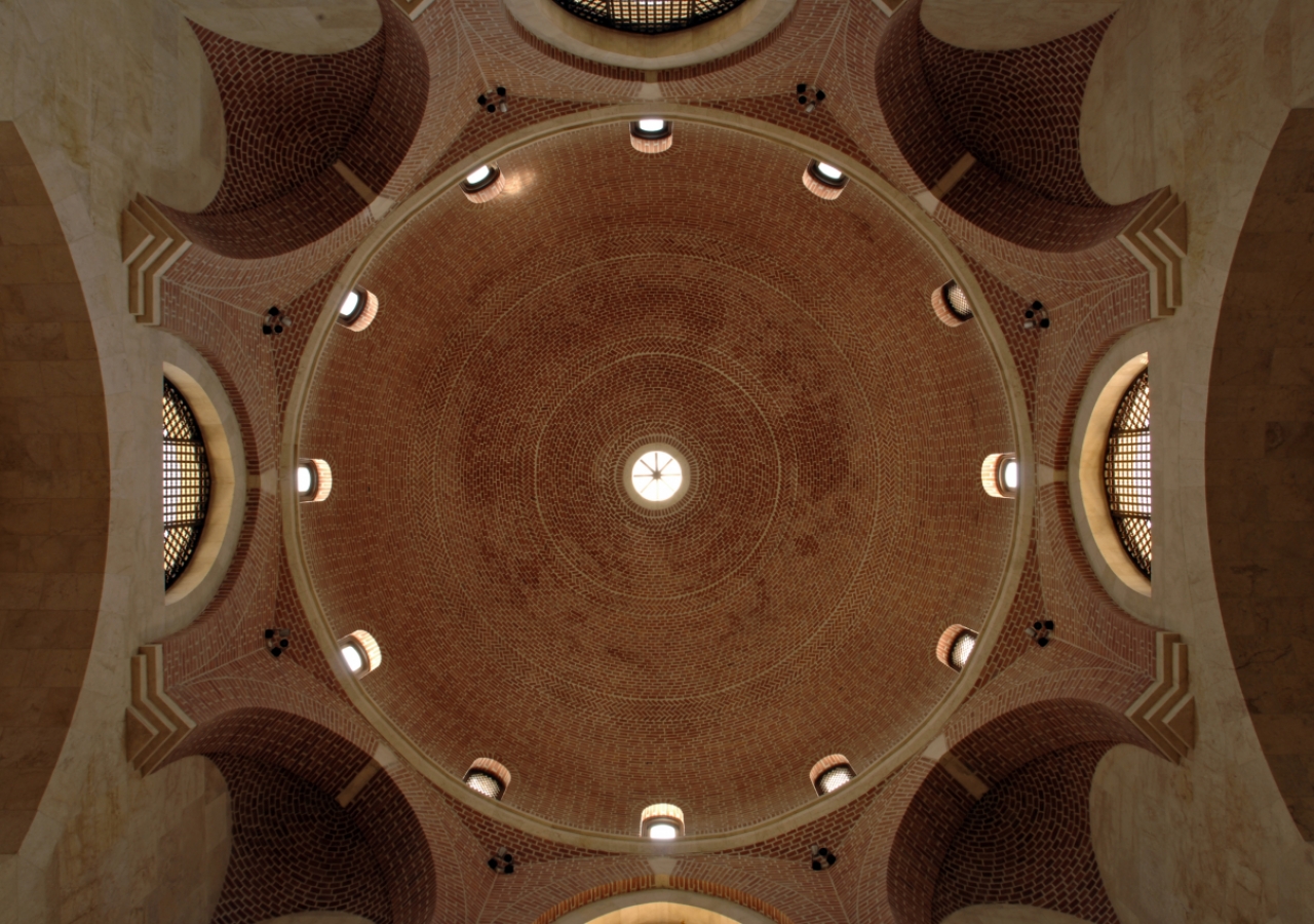 The main entrance hall dome is a visual marvel that rises in a series of arches and corbels upon which the brick dome culminates at its apex.     