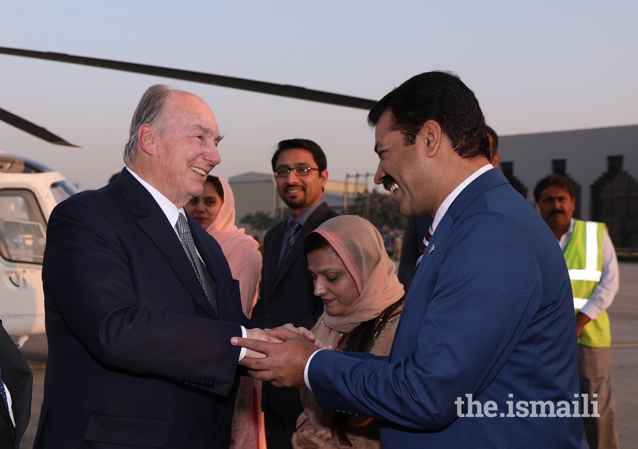 Mawlana Hazar Imam being received by local leadership upon arrival at Islamabad Airport