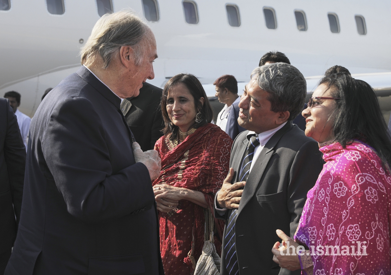 Mawlana Hazar Imam is greeted by Jamati leaders upon his arrival in Hyderabad during his Diamond Jubilee visit to India.