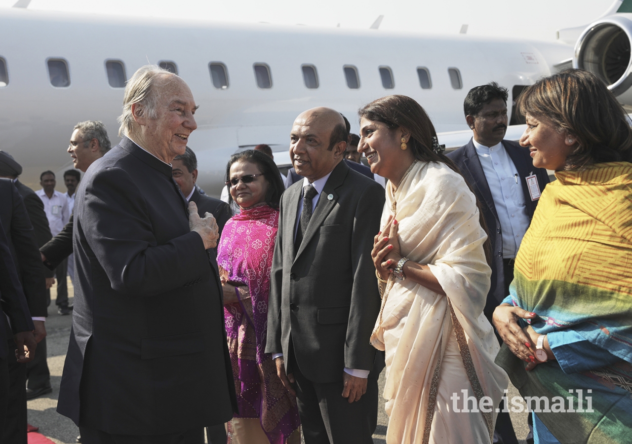 Mawlana Hazar Imam is greeted by Jamati leaders upon his arrival in Hyderabad during his Diamond Jubilee visit to India.