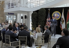 California Governor Arnold Schwarzenegger pays tribute to Mawlana Hazar Imam in his speech during the luncheon hosted at the Getty Center in Los Angeles.  