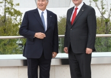 Mawlana Hazar Imam and Prime Minister Harper on the terrace of the Ismaili Centre, Toronto, with a view of the Aga Khan Museum. Gary Otte