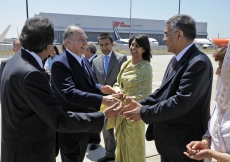 Mawlana Hazar Imam is welcomed by senior leaders of the Jamat upon his arrival in Lisbon. 